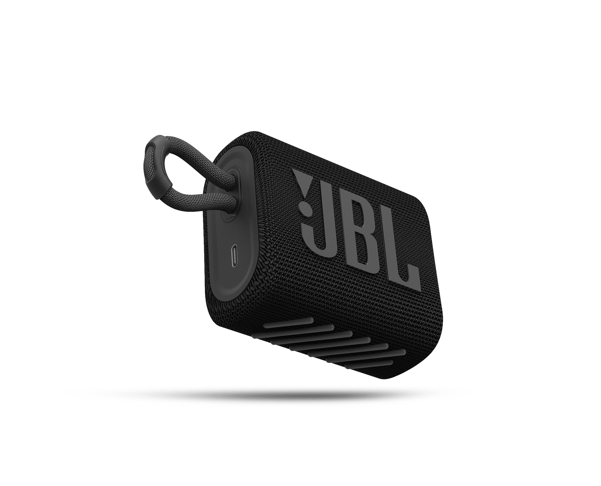 JBL Go 3 portable Bluetooth speaker in black on white background