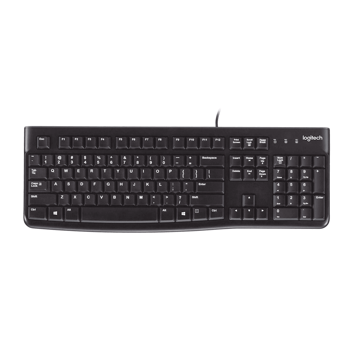 Logitech K120 wired USB keyboard, US layout, black, front view on white background