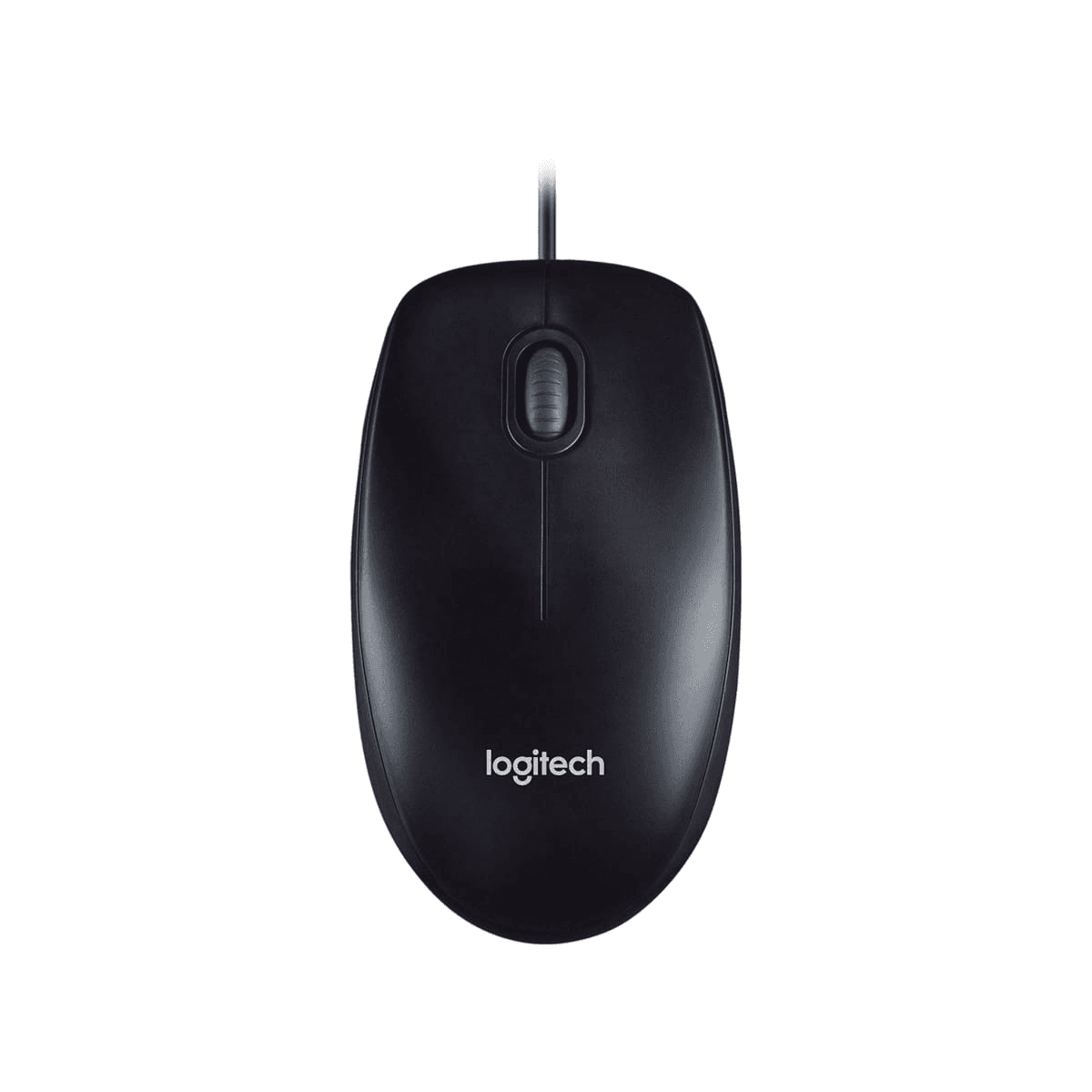 Logitech M100 corded optical mouse in black on white background