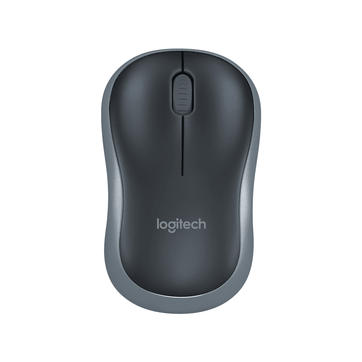 Logitech M185 wireless mouse in black with USB nano receiver on white background