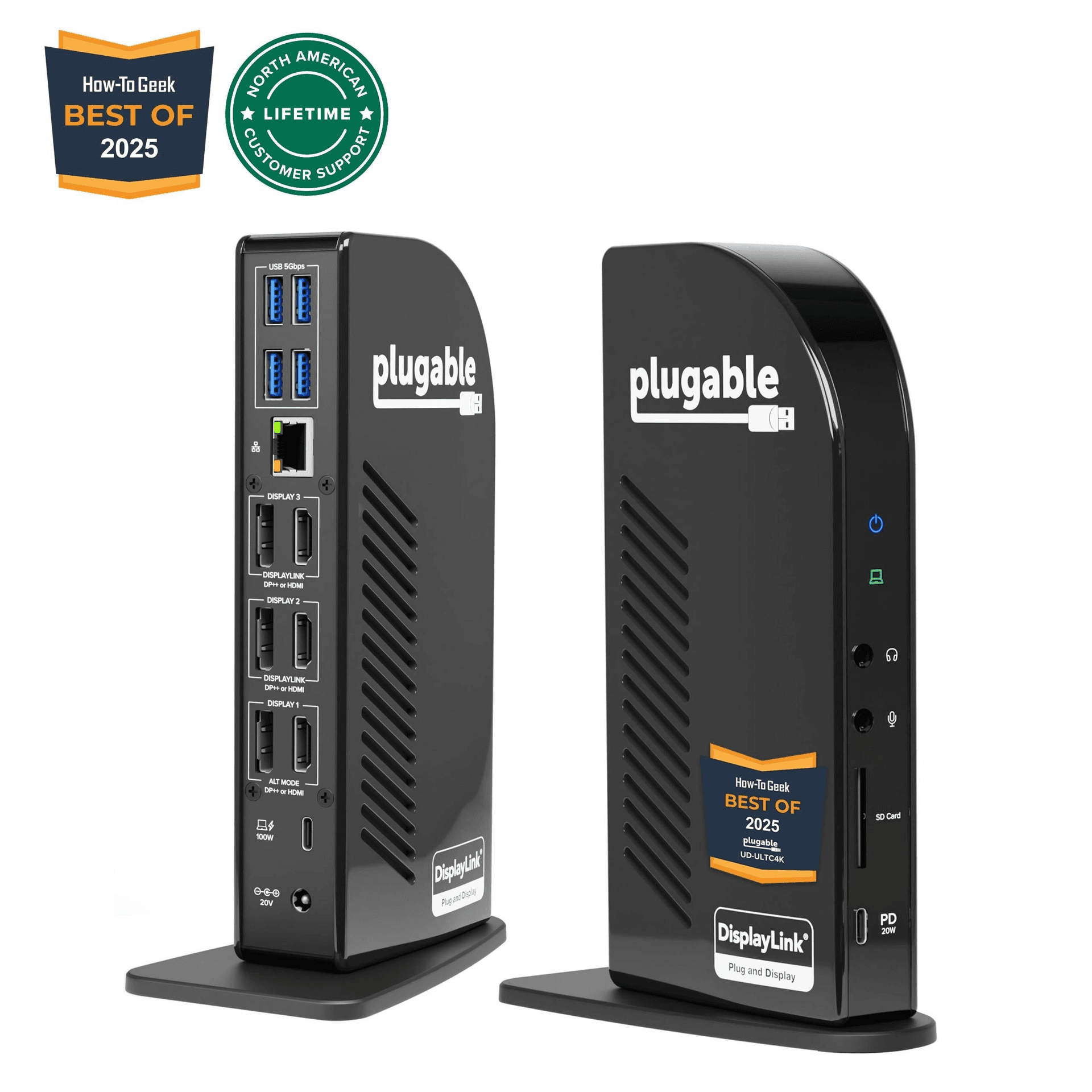 Plugable UD-ULTC4K USB-C docking station with stand and port layout on white background