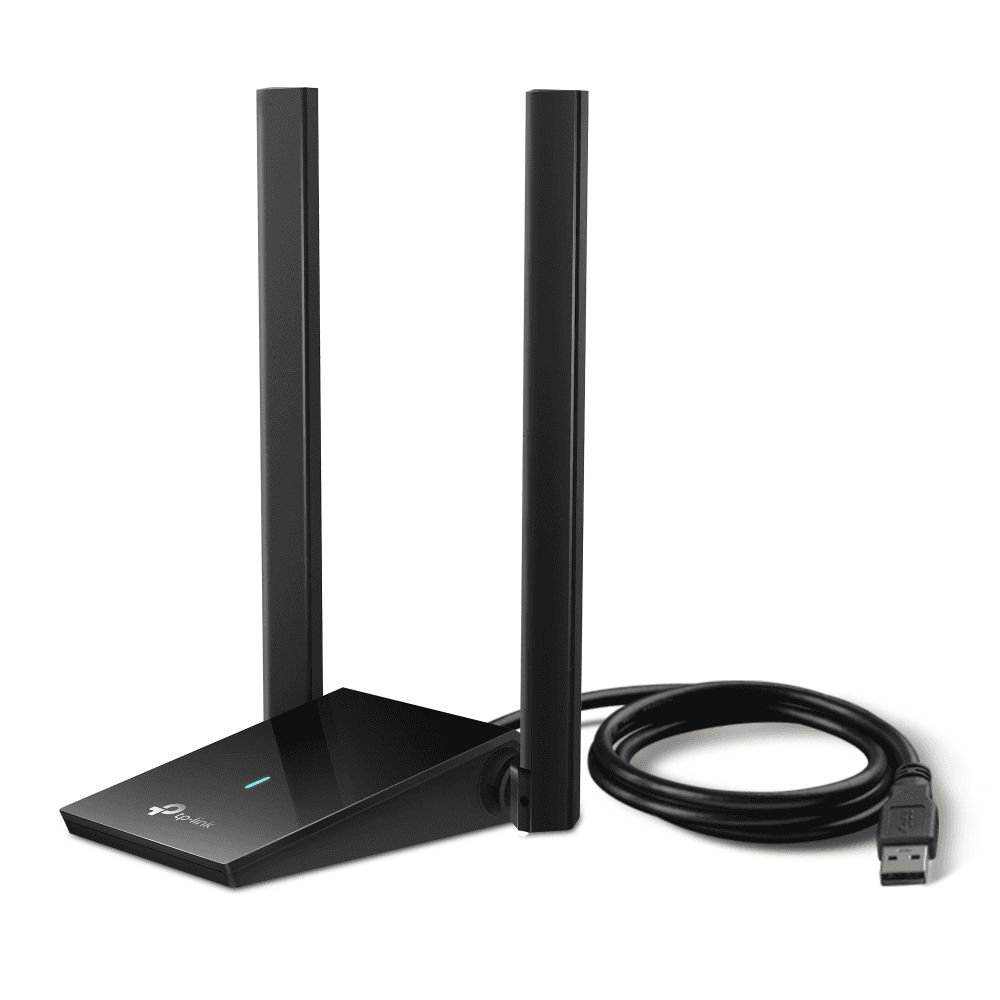 TP-Link Archer TX20U Plus Wi-Fi 6 USB adapter with antennas and base on white background