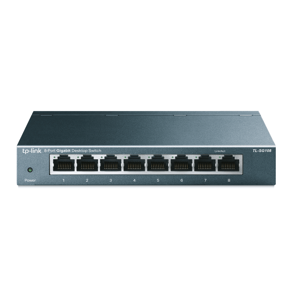 TP-Link TL-SG108 eight-port Gigabit switch showing eight ports on white background